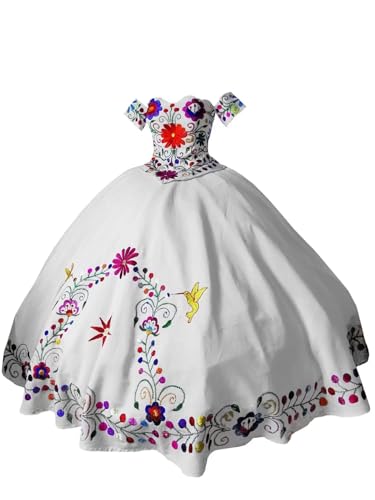 Flowers Birds Embroidered Charro Quinceanera Dresses Mexican Sati...