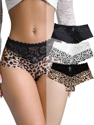 OYOANGLE Women's 3 Pack Leopard Print Lace Panties Seamless Breif Underwear Breathable Underwear...