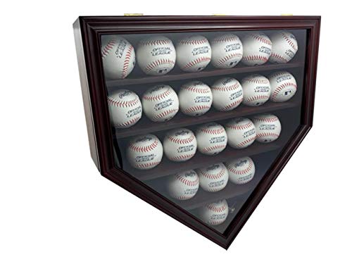 DECOMIL Solid Wood 21 Baseball Display Case Wall Cabinet Holder Shadow Box, Clear Glass, Lockable (Cherry)