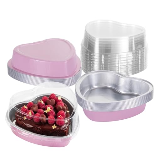 LepoHome 20 Set Heart Shaped Cake Pans with Lids - 9oz/255ml Mini Disposable Aluminum Foil Cupcake Containers for Baking - Valentines Day Wedding Flan Creme Brulee & Brownie Containers (Pink)