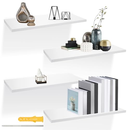 CYEER Floating Shelves Set of 4, White Display Storage Organiser Shelves, Solid Wood Invisible Wall Shelves for Office, Bedroom, Living Room and Kitchen Decoration Storage and Display 40x15x1.6CM - Cosy Home Interiors CYEER Floating Shelves Set of 4, White Display Storage Organiser Shelves, Solid Wood Invisible Wall Shelves for Office, Bedroom, Living Room and Kitchen Decoration Storage and Display 40x15x1.6CM