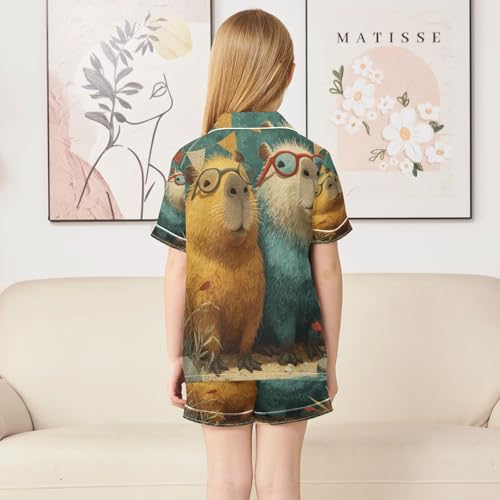 Satin Pajama Sets Short Sleeve Cute Adorable Capybaras Button Down Silky Nightwear 2 Piece PJS 5-14Y4