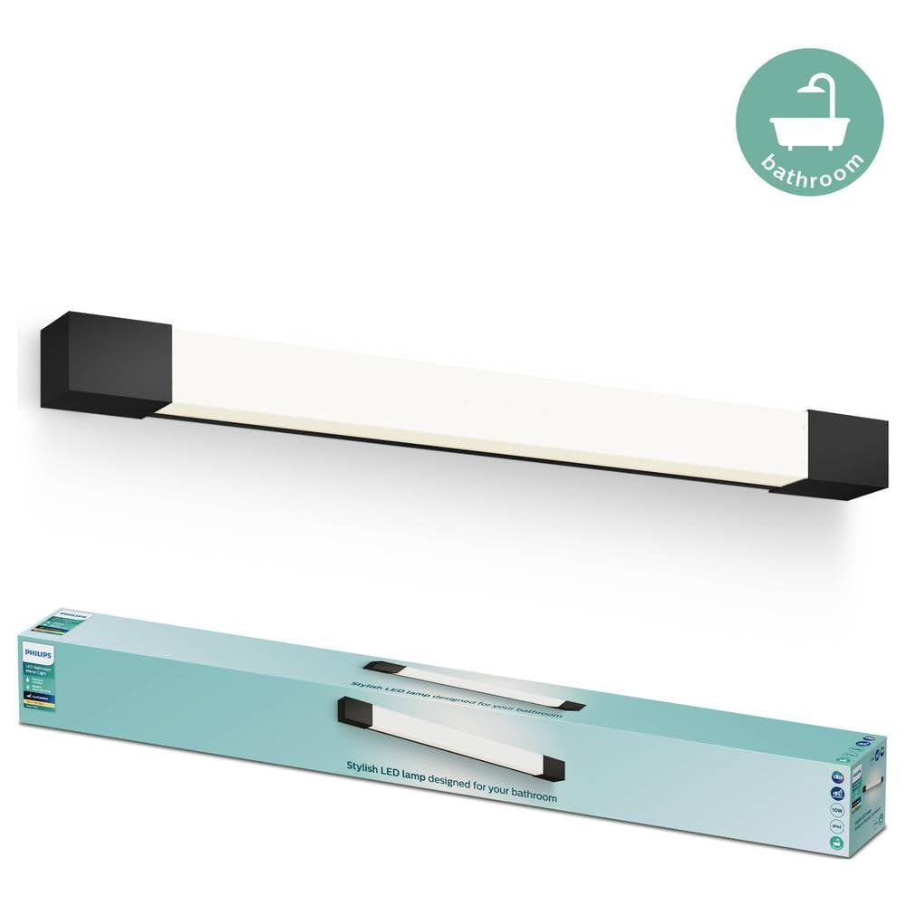 PHILIPS Rover LED Spiegelleuchte quadratisch, ideal geeignet für das Badezimmer, 10 W, 1500 lm, 2700 K, Schwarz, IP44, wasserfest