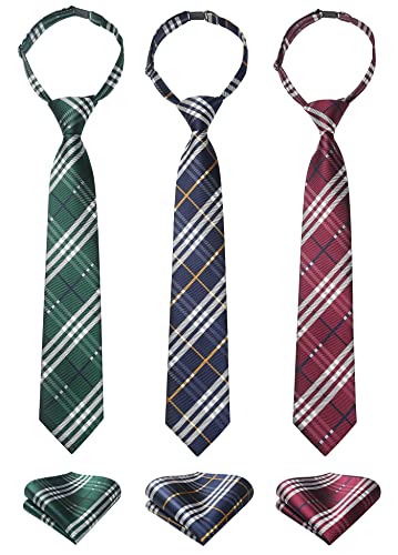 Enlision Ties for Boys Kids 3pcs Boys Plaid Checkered Pre-Tied Neckties & Pocket Square Set Neck Strap Tie for Kids 8-10