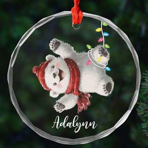 Polar Bear Glass Ornament 2025, Personalized Polar Bear Xmas Hat Ornament Gift for Grandkids Friends Family, Custom Name Polar Bear Ornament, Polar Bear Glass Ornament, Polar Bear Christmas Ornament