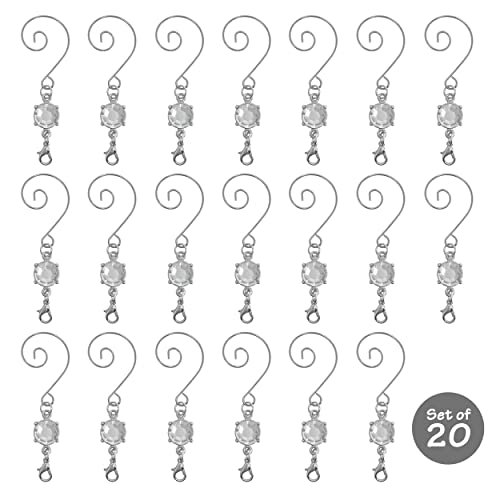 Christmas Ornament Hooks - Set of 20 Clear Crystal Decorative S-Hooks - Silver Wire Hangers for Christmas Tree Decorating - 3 Inches Long