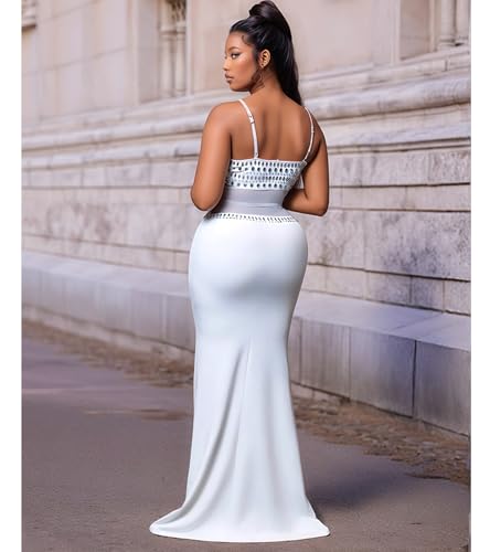 Image of Jigfar Women Sexy Elegant Rhinestone Mesh See Through Party Club Night Split Bodycon Formal Maxi Dress