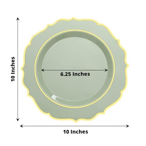 Efavormart 10 Pack | 10" Sage Green Plastic Dinner Plates Disposable Tableware Round With Gold Scalloped Rim For Wedding, Outdoor Receptions, Banquets, Holiday Dining #TOP2