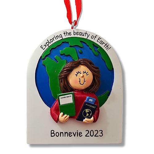 Ornaments by Elves - Personalized Traveler Female Brunette Ornament 2025