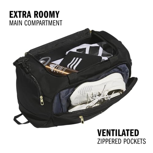 Image of adidas Defender 5 Duffel Bag for Sports, Gym and Travel, Black /Gold Metallic, OSFA