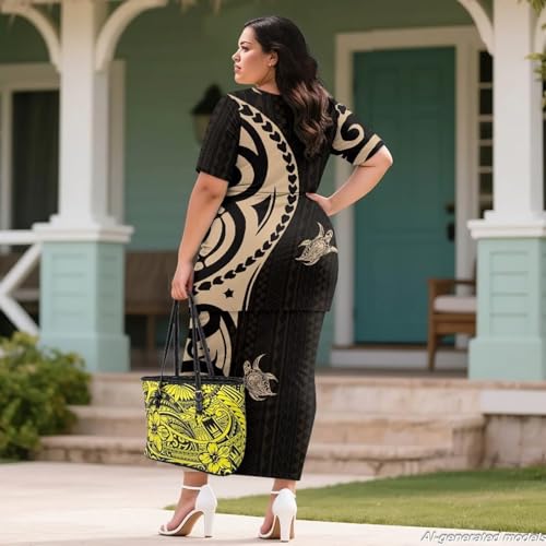 Image of Polynesian Dress for Women Short Sleeve High Waist Maxi Skirt | Puletasi dress, t-shirt and skirt two-piece, elastic material, lightweight, soft, plus size, luau party, wedding, clubwear