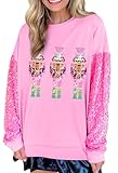Aonoapll Women Christmas Nutcracker Sweatshirt Sequin Embroidered Oversized Sweater Long Sleeve Pullover Sweatshirts Top(Patch Pink,Large)