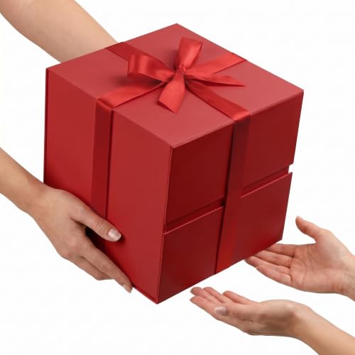 Image of LIFELUM Red Gift Box with Lid 10.2 x 10.2 x 10.2 inch, 1 Pack Square Magnetic Gift Box Includes Paper Filler, Ribbon, Greeting Card for Presents, Wedding, Christmas, Birthday