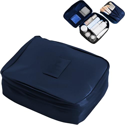 Dark Blue Makeup Travel Case with Compartment, Cosmetic Organizer Bag, and Makeup Brush Set Storage Bag