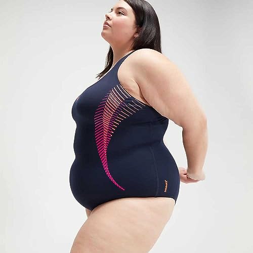 Foto von Speedo Damen Plus Size Placement Medalist Badeanzug, Echtes Marineblau/Electric Pink/Vulkanorange, 44