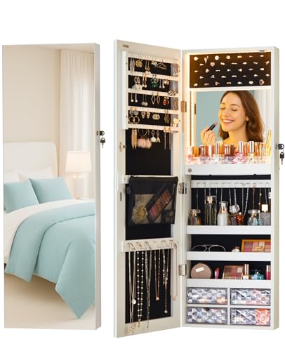 LUXFURNI LED Lights Mirror Jewelry Cabinet Wall Mounted or Door-Hanging, 42' Full Length Mirror with...