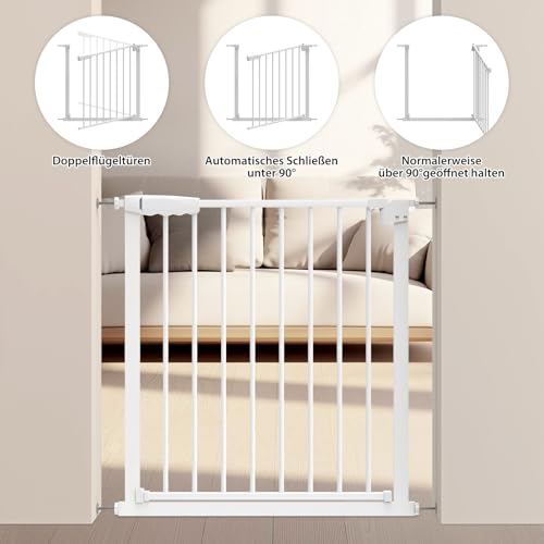 Baby Schutzgitter Treppe, Treppenschutzgitter Ohne Bohren Türschutzgitter Kinder Treppengitter Türgitter Baby, Einhändiges Öffnen Metall Gitter, Weiß, Breite: 75-82 cm