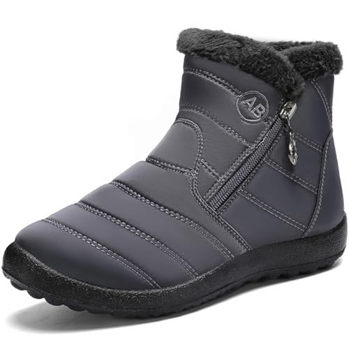 Image of XKOWUO Women Winter Snow Fur Lined Boots Warm Winter Shoes Ankle Zip Up Booties Waterproof Anti-slip Outdoor Comfortable Short Boot Dark_Gray UK 5.5