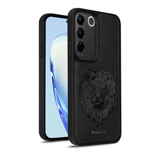 Image of Vaku Luxos Lion Embossed Back Cover Case for Vivo V27 5G Premium Leather Stitched Soft Shockproof Protective TPU Phone Case Camera Screen Protector- Black