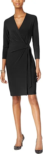 Anne Klein Women's 3/4 Sleeve Classic V-Neck Wrap Dress Black