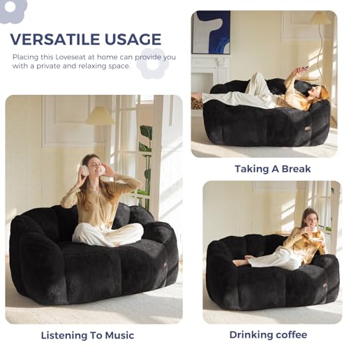 Image of MAXYOYO Bean Bag Chair for Adults, Loveseat Floral Shaped Bean Bag Sofa, Ultra Soft Love Seat Mini Sofa Couch, Faux Fur Reading Chair for Living Room Bedroom, Black