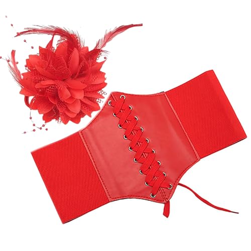 Cinto Gótico Corselet Espartilho + Flor Cabelo e Broche (BR, Alfa, Único, Regular, Vermelho)