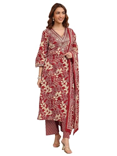Image of Libas Printed Cotton Straight Kurta With Trousers and Dupatta | daily wear suit