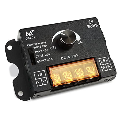 RGBZONE Single Color LED Dimmer, DC 5V/12V/24V 30A PWM Dimming Controller, Frequency Adjustable, for Single Channel 5050 3538 5630 Light Strips, Metal Shell LED Dimmer-No Light Flicker
