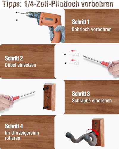Musbeat Gitarrenhalter für Die Wand, Gitarren Wandhalterung, Wandhalterung Gitarre für Akustikgitarre, E-Gitarren, E-Bass, Schwarze Walnuss Holz Gitarrenhalt Wand, 2 Stück