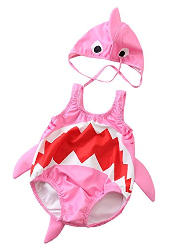 Kids Baby Boys Girls 3D Cartoon Shark One-Piece Swimsuit Bodysuit Bathing Suit with Cap Size 2-3 Years/Tag2XL (Pink)