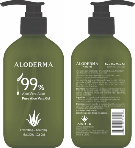 Aloderma 99% Organic Aloe Vera Gel, Bottled Within 12 Hours Of Harvest (300G, 10.6 Oz), No Sticky Residue - No Powder Concentrates Or Water Added - Eco-Friendly #TOP5