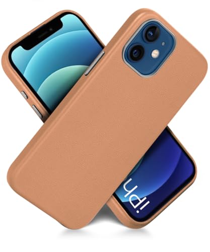 Image of WOW IMAGINE Back Cover for iPhone 12 | Shockproof Tough Leather Texture Hard Mobile Case | Ultra Slim Non-Slip Grip | Inner Velvet Fabric | Metal Camera Ring - Tan Brown