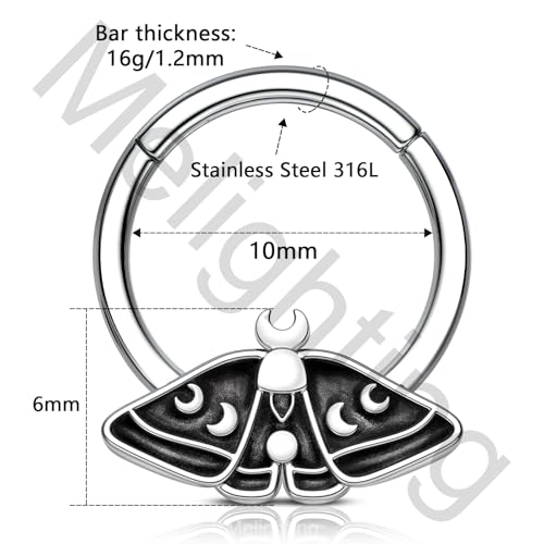 Melighting 16G Halloween Septum Ring Moth Helix Earring 316L Stainless Steel Daith Earring 10mm Septum Clicker For Women Gothic Cartilage Earring 5