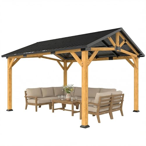 Outsunny 3.5 x 4 m Hardtop Gazebo Canopy with Galvanised Metal Roof, Fir Wood Frame, Permanent Pavilion Outdoor Gazebo with Central Hook for Patio, Garden, Outdoor Area, Black Grey