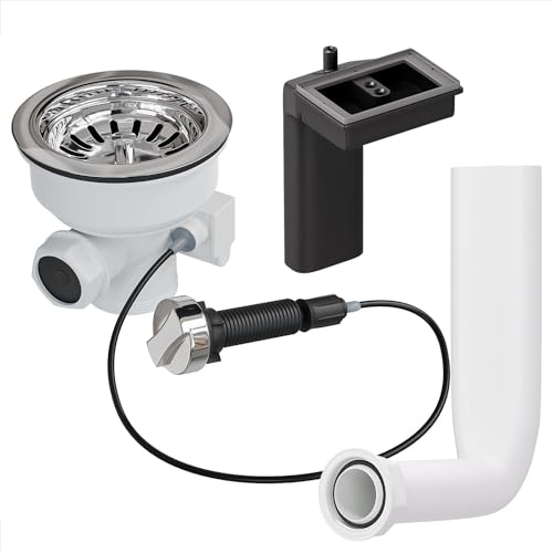 Aquade Siebkorbventil 114mm - Siebkorb Spüle - Siphon Spüle - Sifon Spüle Set Für Küche - Spülbecken Abfluss - Modell: Bowdenzug + Abtropfüberlauf