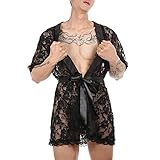Ctreela Sissy Kimono Robes for Men, Sexy Floral Lace Bathrobe, Male See Through Nightgown, 3pc Cross