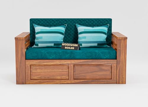 Image of Solid Sheesham Wooden Sofa Cums Bed with Mattresses for Living Room | Rosewood 2 Seater Sofa Cums Bed for Bedroom Without Pillow (D-Natural Finish)