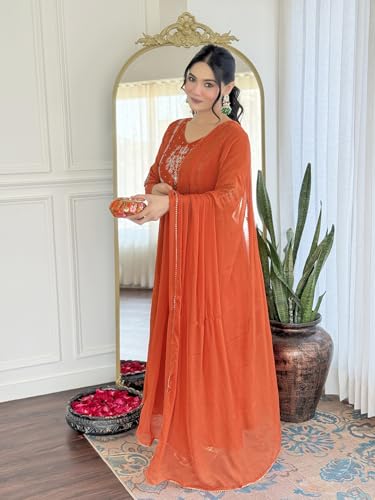 Image of Naixa Women's Silk Chiffon Embroidered A-Line Kurta with Rayon Pant and Silk Chiffon Laced Dupatta Sets (Available in Plus Size) (NX-661)