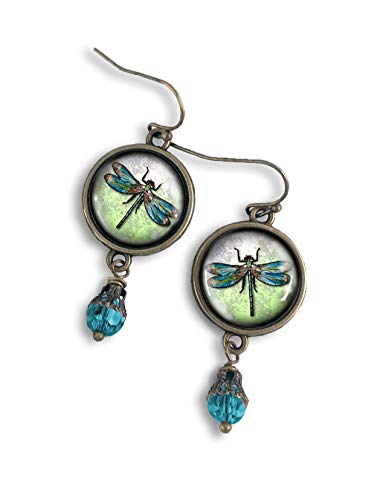 Elegant Teal and Blue Dragonfly Earrings with Glass Accent Bead