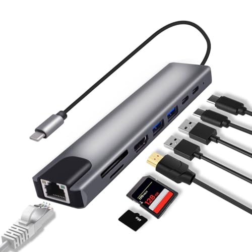 YARCHONN Estación de acoplamiento USB C 8 en 1, adaptador multipuerto tipo C a RJ45 Ethernet 87W PD carga USB 3.0 USB 2.0 HDMI lector de tarjetas SD/TF puertos de datos tipo C para portátiles