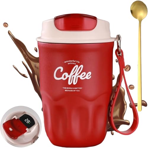 Image of Coffee Vacuum Flask, 12oz Portable Smart LED Temperature Display Coffee Cup with Lid and Handle Strap, 316 Stainless Steel, Leak-proof, Keep Hot and Cold, for Home, Office (Red)