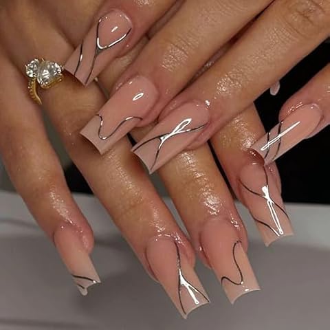 MISUD Press on Nails Long Square Fake Nails Glossy Glue on Nails Nude Pink Acrylic Nails Squoval Artificial Nails Chrome Swirl Stick on False Nails with Design 24 pcs Cover