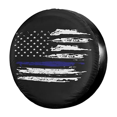 Image of American Flag Thin Blue Line Spare Tire Cover Dust-Proof Wheel Tire Cover Fit Trailer, RV, SUV and Many Vehicle 15 Inch