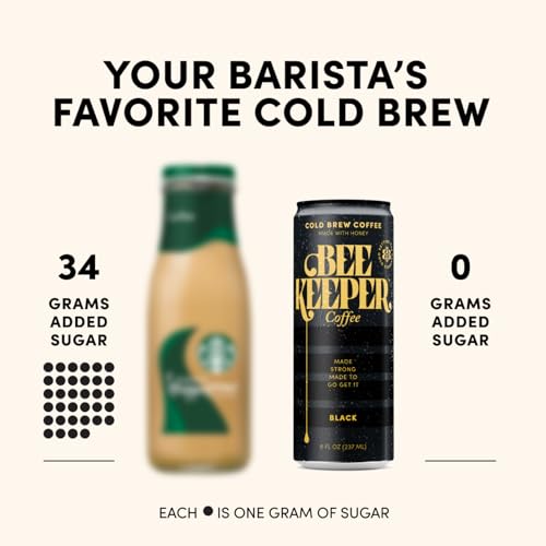 Image of Beekeeper Black Cold Brew Coffee Drinks with Oregon Honey | 12 Pack Refreshing Iced Coffee - Unsweetened & Strong Arabica Brew, 8 fl oz Ready-to-Drink Can - 180mg Natural Caffeine