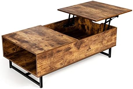 CASART Lift UP Top Coffee Table, Wooden Lifting Sofa Side Table with Shelves/Drawers, Home Office Floating Retractable Snack Tea Tables for Living Room Bedroom Study(Coffee, with Side Open Shelf)