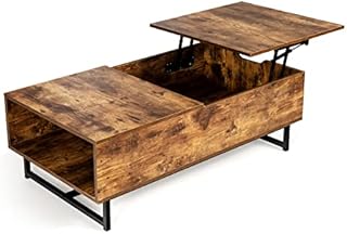 CASART Lift UP Top Coffee Table, Wooden Lifting Sofa Side Table with Shelves/Drawers, Home Office Floating Retractable Snack Tea Tables for Living Room Bedroom Study(Coffee, with Side Open Shelf)