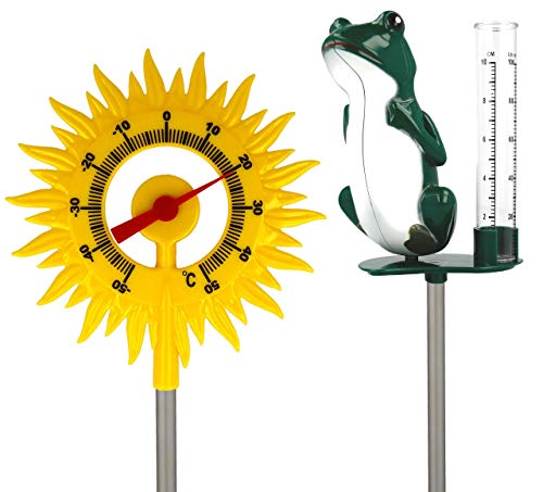 Lantelme rain gauge frog and garden thermometer sun set analogue garden outdoor thermometer rain gauge ground spike metal 7753