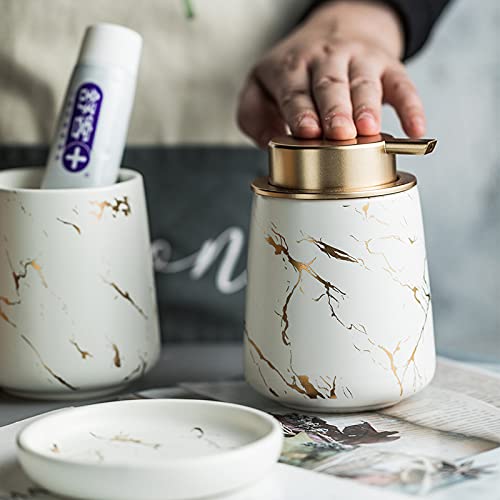 Image of Ceramic Bath Accessories Set of 3 (Luxe White) - 400ml Soap Dispenser, Tumbler & Soap Dish, White with Gold Marble Design, Bathroom Countertop Organizer for washbasin