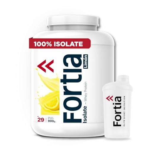 FORTIA Whey Protein Isolate 100% 38g/dosis + Shaker – Proteina Isolada de Suero Premium Hecha en España | Proteína Alta en BCAA, Leucina y Glutamina | Mejora Masa Muscular y Recuperación | Limón 900g