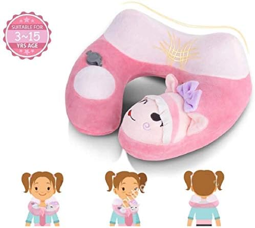 BestMaxs Neck Pillow for Airplane Travel Inflatable Head Rest Support Train Plane Pillow for Adults Car Traveling Soft Sleeping Comfortable Velvet Cover Washable (Pink)